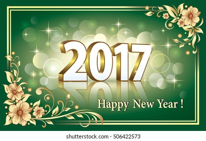 Postcard Happy New Year 2017 on a green background in a frame with floral patterns