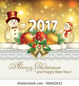 Postcard Happy New Year 2017 with a snowman, ball and bells on the background of stars and ornament