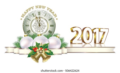 Postcard Happy New Year 2017 with a clock, the ball and the bells on a white background