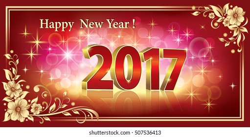 Postcard Happy New Year 2017 on a red background in a frame with floral patterns