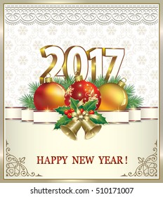Postcard Happy New Year 2017 with ball and ribbon with bells in a frame with an ornament