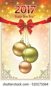 Postcard Happy New Year 2017 with ball and a ribbon with a bow in the frame with an ornament