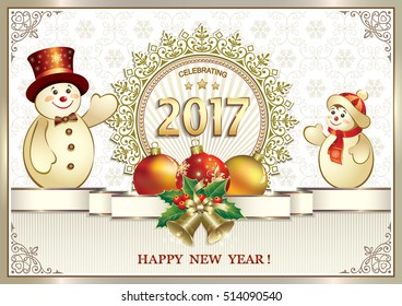 Postcard Happy New Year 2017 with a snowman, ball and bells in a frame with an ornament