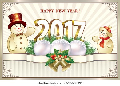 Postcard Happy New Year 2017 with a snowman, ball and bells in a frame with an ornament