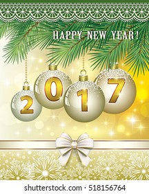 Postcard Happy New Year 2017 on the background of fir branches and ornaments with ball and bow