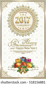 Postcard Happy New Year 2017 with gifts in frame with ornaments