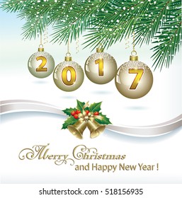 Postcard Happy New Year 2017 with ball and ribbon with bells on the background of fir branches