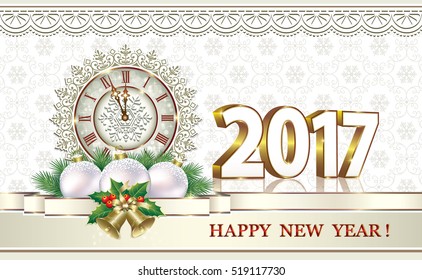 Postcard Happy New Year 2017 with clock, ball and bells on the background of the ornament