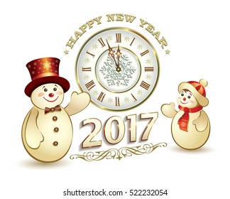 Postcard Happy New Year 2017 with a clock and a snowman on a white background