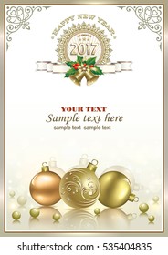 Postcard Happy New Year 2017 with ball and ribbon with bells in a frame with an ornament