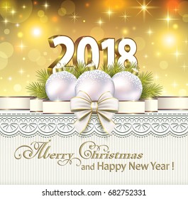 Postcard Happy New Year 2018 with the balls on the background of the ornament. Vector illustration