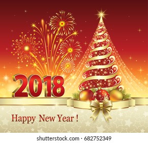 Postcard Happy New Year 2018 with a Christmas tree on a red background with fireworks. Vector illustration 