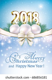 Postcard Happy New Year 2018 on a blue background with ball and a ribbon with a bow. Vector illustration