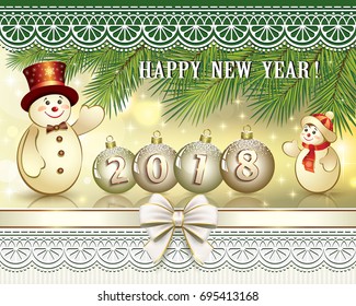 Postcard Happy New Year 2018 with snowmen against the background of fir branches and ornaments with balls. Vector illustration