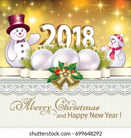 Postcard Happy New Year 2018 with a snowman, ball and bells on the background of stars and ornament.Vector illustration