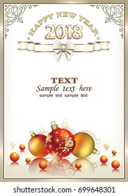 Postcard Happy New Year 2018 with balls in a frame with an ornament. Vector illustration