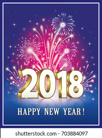 Postcard Happy New Year 2018 on a background of fireworks.Vector illustration