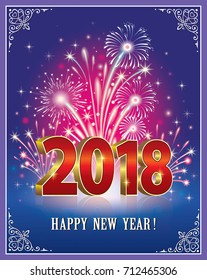 Postcard Happy New Year of 2018 against the background of fireworks in the frame with an ornament. Vector illustration