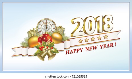 Postcard Happy New Year 2018 with Christmas gifts. Vector illustration