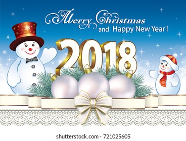 Postcard Happy New Year 2018 with snowmen, ball and ribbon with bow on the background of stars and ornaments. Vector illustration