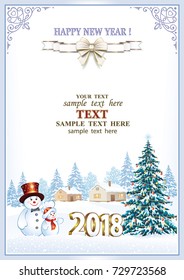 Postcard Happy New Year 2018 with snowmen and a Christmas tree on the background of a winter landscape. Vector illustration
