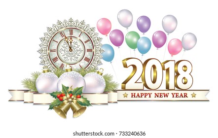 Postcard Happy New Year of 2018 with clocks and bells on the background of balloons.Vector illustration