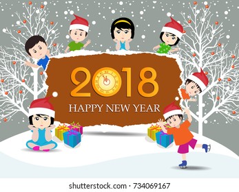 Postcard Happy New Year 2018 and merry christmas with funny kids