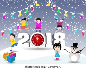 Postcard Happy New Year 2018 and merry christmas with funny kids