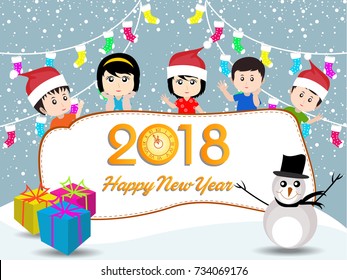 Postcard Happy New Year 2018 and merry christmas with funny kids