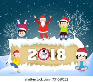 Postcard Happy New Year 2018 and merry christmas with funny kids