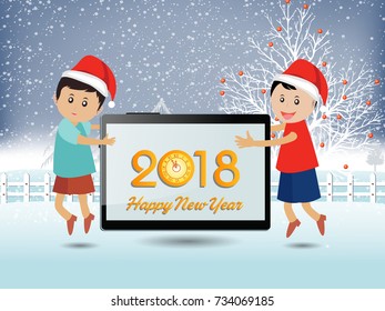 Postcard Happy New Year 2018 and merry christmas with funny kids
