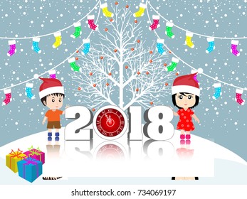 Postcard Happy New Year 2018 and merry christmas with funny kids