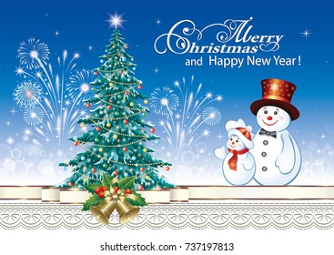 Postcard Happy New Year 2018 with snowmen and Christmas tree on the background of fireworks and ornaments. Vector illustration