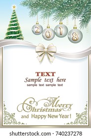 Postcard Happy New Year of 2018 with balls and a Christmas tree on a background of fir branches in a frame with an ornament. Vector illustration
