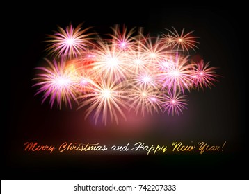 Postcard Happy New Year 2018 and Merry Christmas on a background of fireworks.Vector illustration