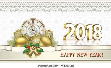 Postcard Happy New Year of 2018 with watches and gifts on the background of ornaments. Vector illustration