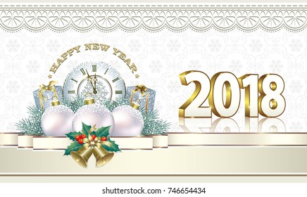 Postcard Happy New Year 2018 with Christmas gifts on decorations background. Vector illustration