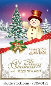 Postcard Happy New Year of 2018 with a snowman on the background of Christmas tree and ornaments. Vector illustration