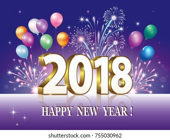 Postcard Happy New Year of 2018 against the backdrop of fireworks and balloons. Vector illustration