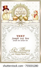 Postcard Happy New Year 2018 with snowmen, balls and ribbon with bow in frame with ornament. Vector illustration
