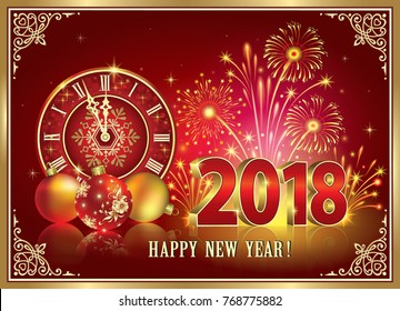 Postcard Happy New Year 2018 with clocks and balls on a red background with fireworks. Vector illustration
