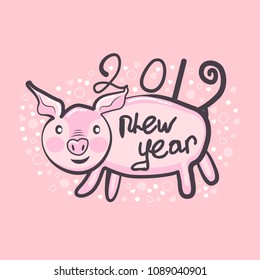 Postcard with a happy new year 2019 with a cute pink pig
