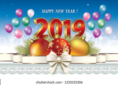 Postcard Happy New Year of 2019 with balls and ribbon with bow on the background of balloons. Vector illustration