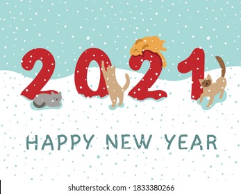 postcard happy new year 2021, numbers under the snow, cats rub around, vector illustration