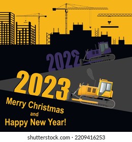 Postcard Happy New Year 2023. The work of caterpillar bulldozers. Flat vector illustration.