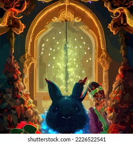 Postcard Happy New Year 2023. Year of the black water rabbit. A portrait of a rabbit with various festive decorations is depicted.