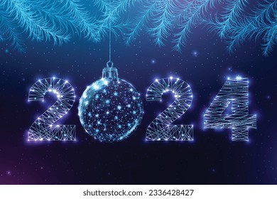 Postcard Happy New Year 2024. Low poly Christmas ball and fir branches. Numbers from a polygonal wireframe. Abstract vector illustration on a dark background.