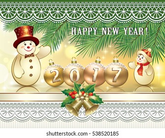 Postcard Happy New Year with ball and a snowman on the background of the ornament and fir branches