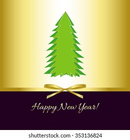 Postcard. Happy New Year! Bow and simple Christmas tree. Golden and dark purple color