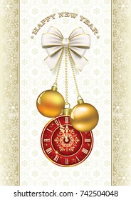 Postcard Happy New Year with bow, balls and clock on the background of ornaments. Vector illustration